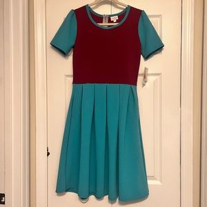 LuLaRoe Pleated Green and Pink Mini Dress